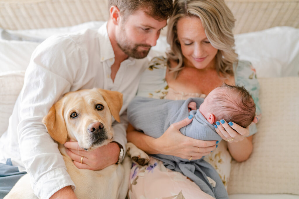 Charleston Newborn Photographer - whole family snuggling on bed with dog during in home newborn photoshoot